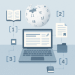 Illustration showing a laptop connected to books, documents, and Wikipedia, representing the concept of studying for exams using Wikipedia as a resource.