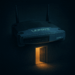 Illustration of a Linksys WAG54G v2 router suspended above a glowing, open doorway in a dark, moody environment—suggesting access to hidden pages within the device.