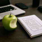 Remembering Steve Jobs—A green apple with a bite taken out of it sits on a dark wooden desk next to an open spiral notebook displaying a hand-drawn mobile app wireframe, with a blurred laptop and smartphone in the background.