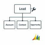 Diagram showing the Lead entity in Microsoft Dynamics CRM connected to Account, Contact, and Opportunity entities. A wrench icon beside the Lead box suggests modification. The Microsoft Dynamics logo appears in the bottom right corner.