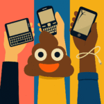 Flat-style illustration depicting three diverse hands holding outdated or broken mobile devices. At the centre is a large, smiling poop emoji, symbolising the flawed reality of BYOD (Bring Your Own Device) policies as “bring your own BS.”