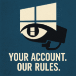 Stylised graphic of the Windows logo merged with a surveillance camera, symbolising user control loss and highlighting the Windows 10 Microsoft account problem.