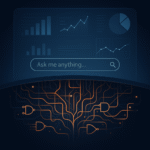 Illustration of a natural language BI tool interface showing charts and a search bar, with complex circuitry and logic gates beneath the surface, symbolising hidden risks.