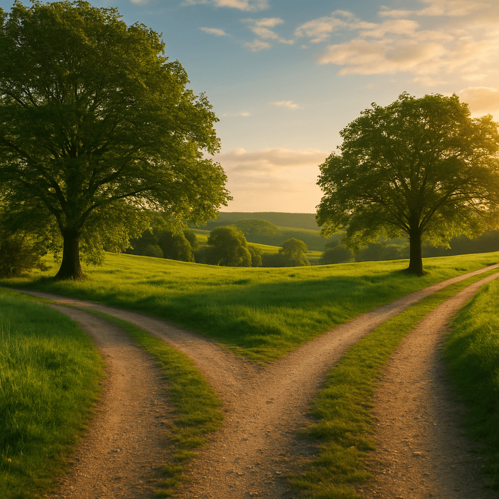 An idyllic fork in a countryside path at sunset, symbolising a career pivot and new professional directions.