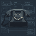A vintage pulse-dialling landline phone over a relational database diagram.