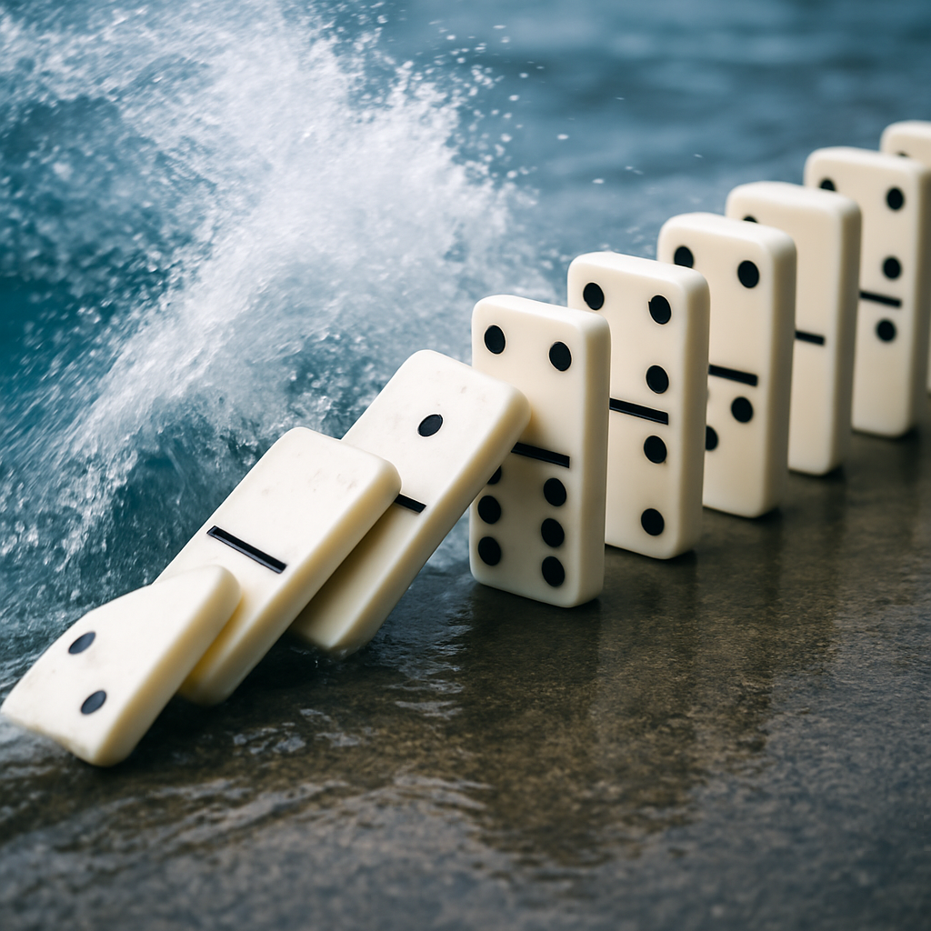 Dominoes collapsing from a wave, symbolising fake Agile delivery failure