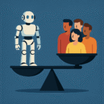 Illustration symbolising doing more with less in tech, showing a balanced scale with a robot on one side and a diverse group of people on the other, highlighting the tension between AI and human contribution.