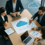 Business team discussing cloud service options around a table with laptops and printed diagrams, illustrating the cloud value proposition model.