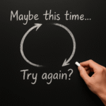 Hand drawing a chalk loop diagram on a blackboard with the phrases “Maybe this time…” and “Try again?”, symbolising iteration, persistence, and changing outcomes in business or life decisions—illustrating critique of the insanity quote.