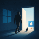 A man walks away from a dark Windows-themed room toward a bright doorway with a macOS desktop and an apple on the floor, symbolising why I switched from Windows to Mac.