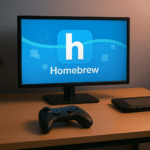 A modern gaming setup featuring a flat-screen monitor displaying the official Wii U Homebrew logo on a blue background—representing a Wii U safe softmod environment.