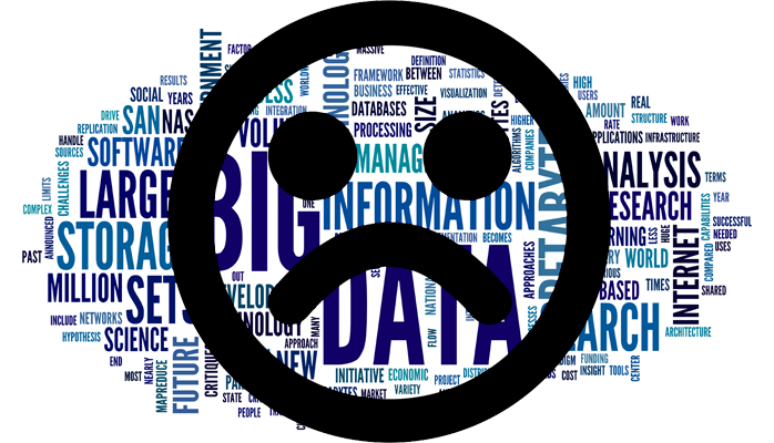 The outline of a sad emoji face over a cloud of words related to big data and analytics.