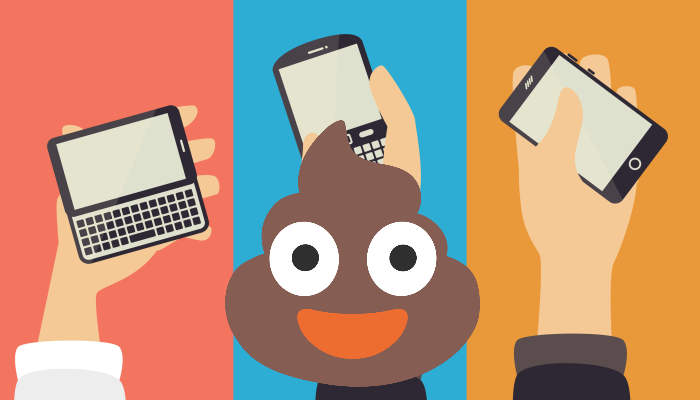 A selection of personal devices, with a pile of poo emoji at the foreground.