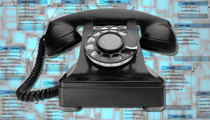 A vintage pulse-dialling landline phone over a relational database diagram.
